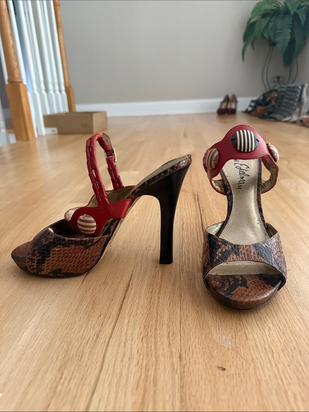 Red and Brown Snake-Print Platform Heels with Striped Button Accent
